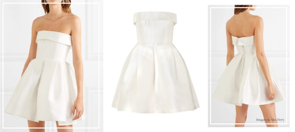 Bride wearing the best short wedding dress – off-shoulder white gown with timeless elegance and modern flair