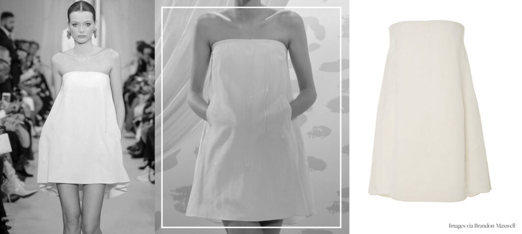 Best short wedding dress with clean lines and ivory faille texture – a chic mini ideal for city weddings or receptions.