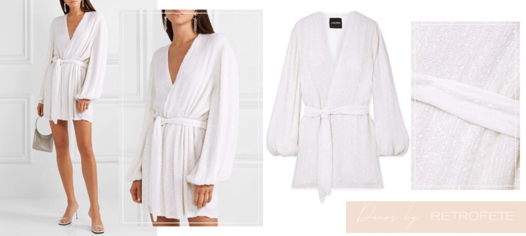 Chiffon mini bridal gown with plunging neckline and flowing batwing sleeves – this season’s best short wedding dress.