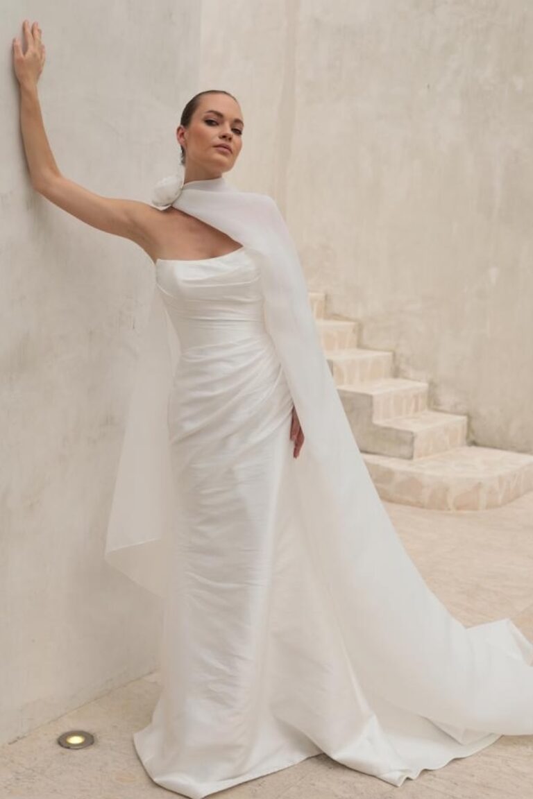 A bride in a column dress