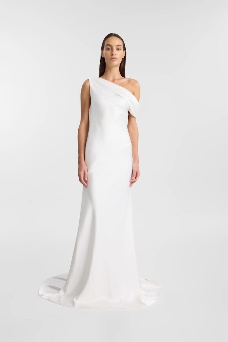 Kyha studios wedding dress for petite brides featuring a one shoulder design