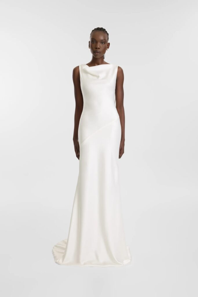 the front of a backless wedding dress