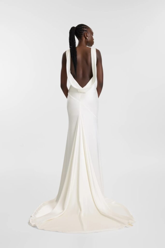 The back of the Kyha cowl neck low back gown