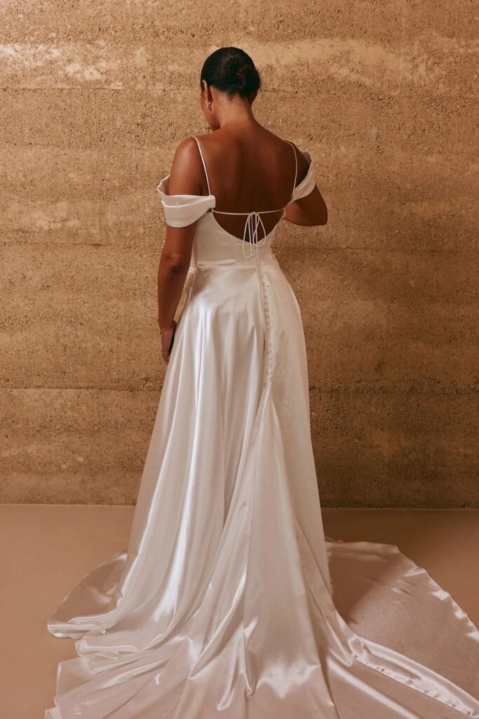 A bride in a backless wedding dress, shown from behind
