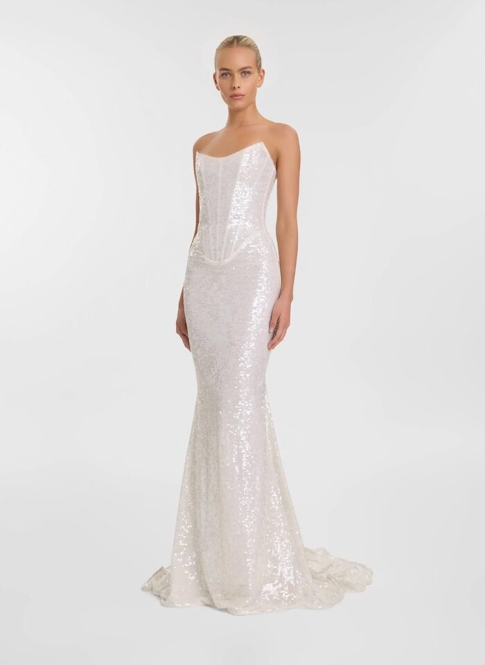 a bride wearing an embellished wedding dress by Australian label Kyha