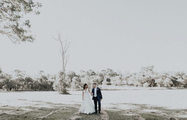 a photo of the married couple at their wedding holding hands