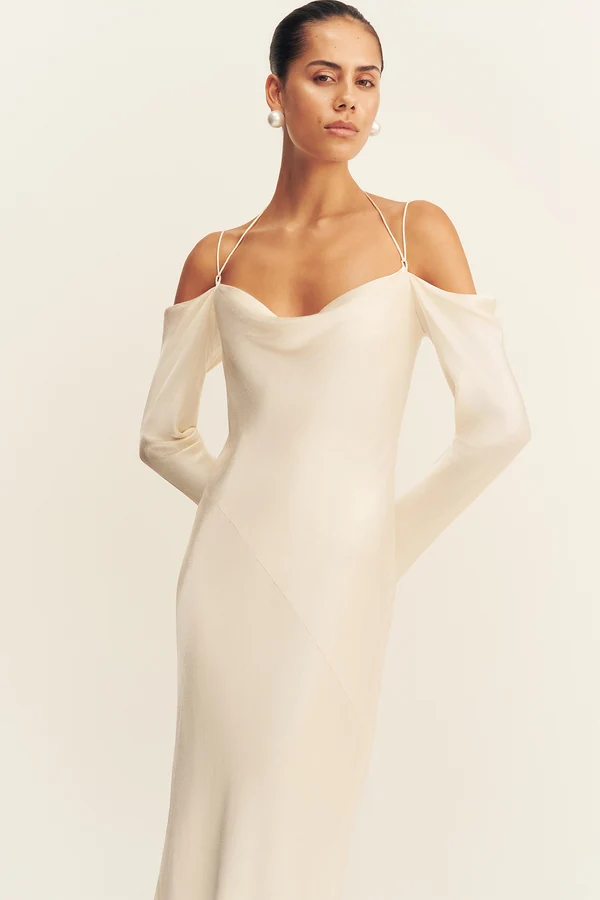 The front draped neckline of the shona joy wedding dress