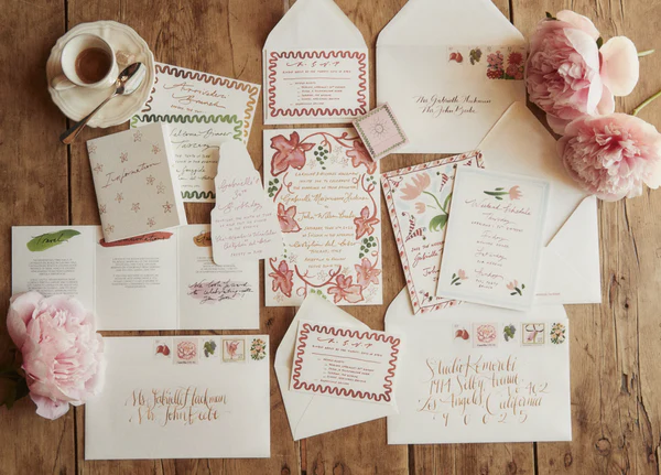 A collection of illustrated wedding invitations