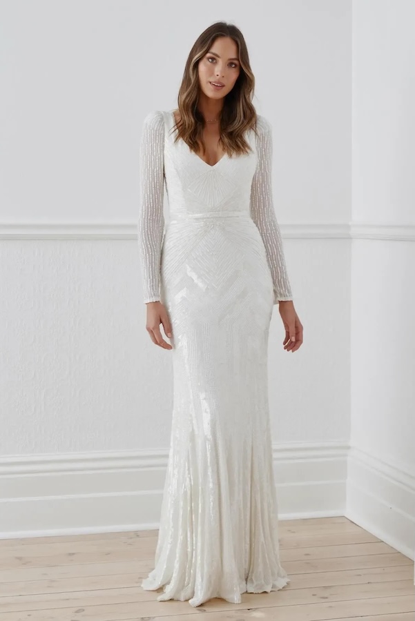 A bride in Australia in a long sleeve beaded wedding gown