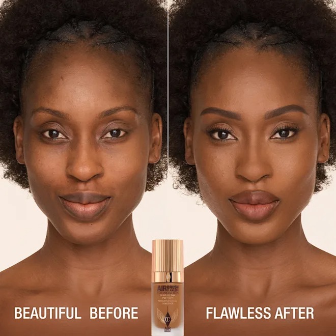 A model showing before and after in wedding day foundation