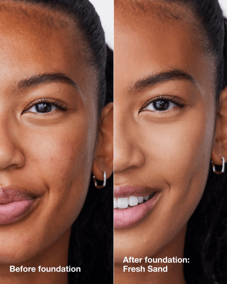 a before and after of the clinique foundation, shown on a bride