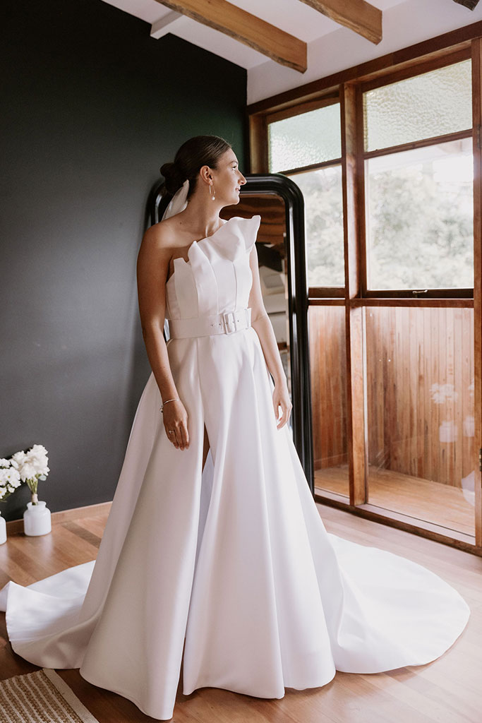 A bride in a white wedding dress.