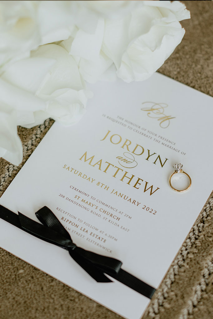 A wedding invitation and a ring on top of it.