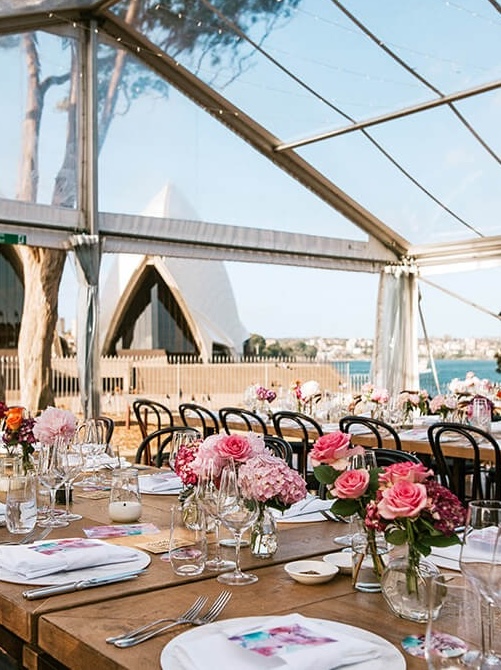 Sydney wedding venue botanic gardens, a marquee has been set up with views of the opera house