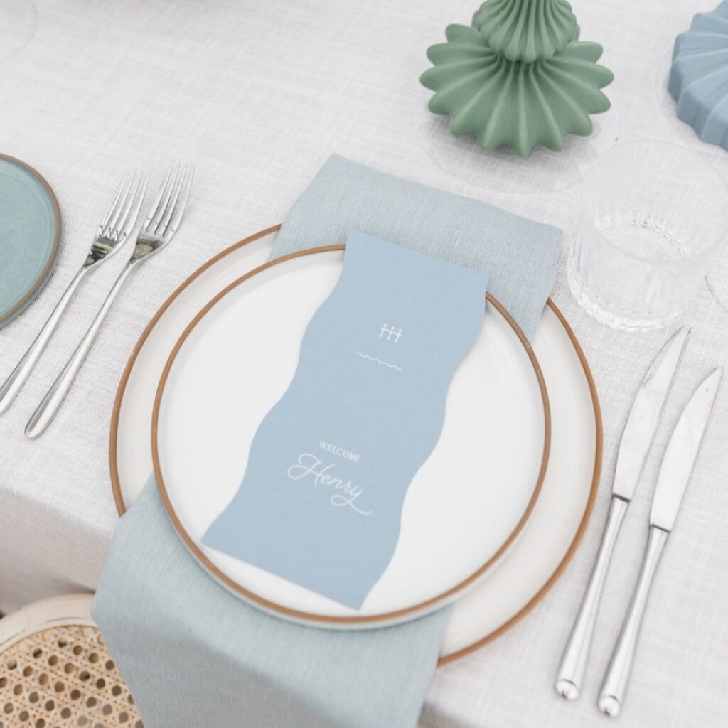 Stylish blue plate and silverware table setting by Social Event Hire, best wedding event hire Melbourne.