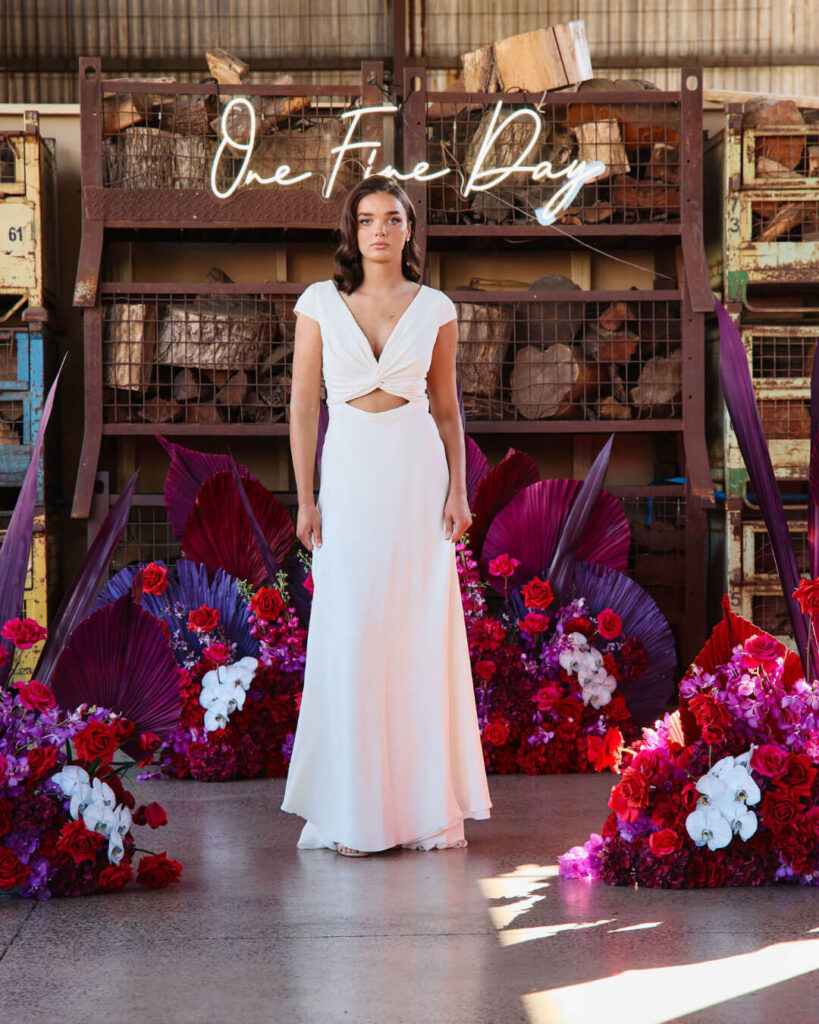 Floor-length tummy cut bridal gown worn by a model at Melbourne’s bridal runway show.