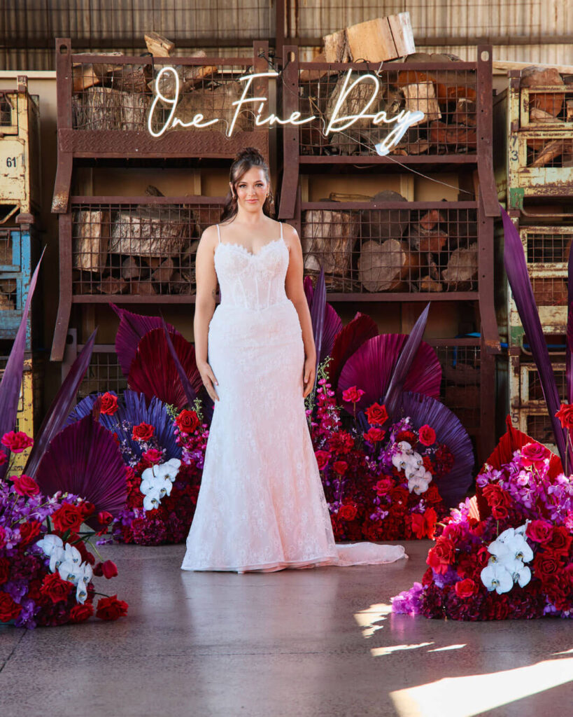 Strappy fitted lace bridal gown worn by a model at Melbourne’s bridal runway show.