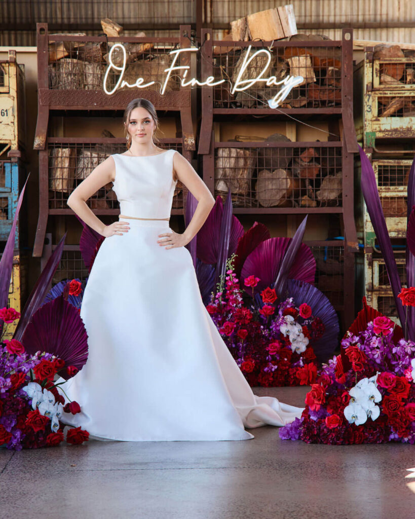 Bridal runway show in Melbourne featuring a minimalist white two-piece wedding gown