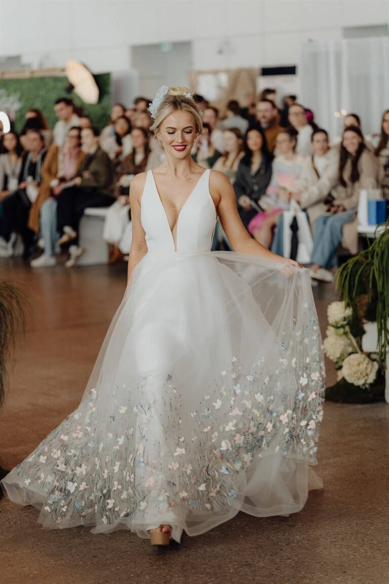 Model walking down the runway at bridal runway show in wedding expo in Sydney 2025