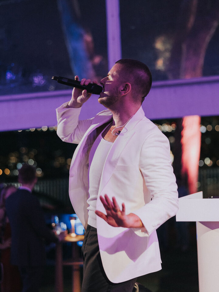 Live band wedding Sydney entertainment by Club Sol – Luke Antony singing live at a packed wedding celebration.