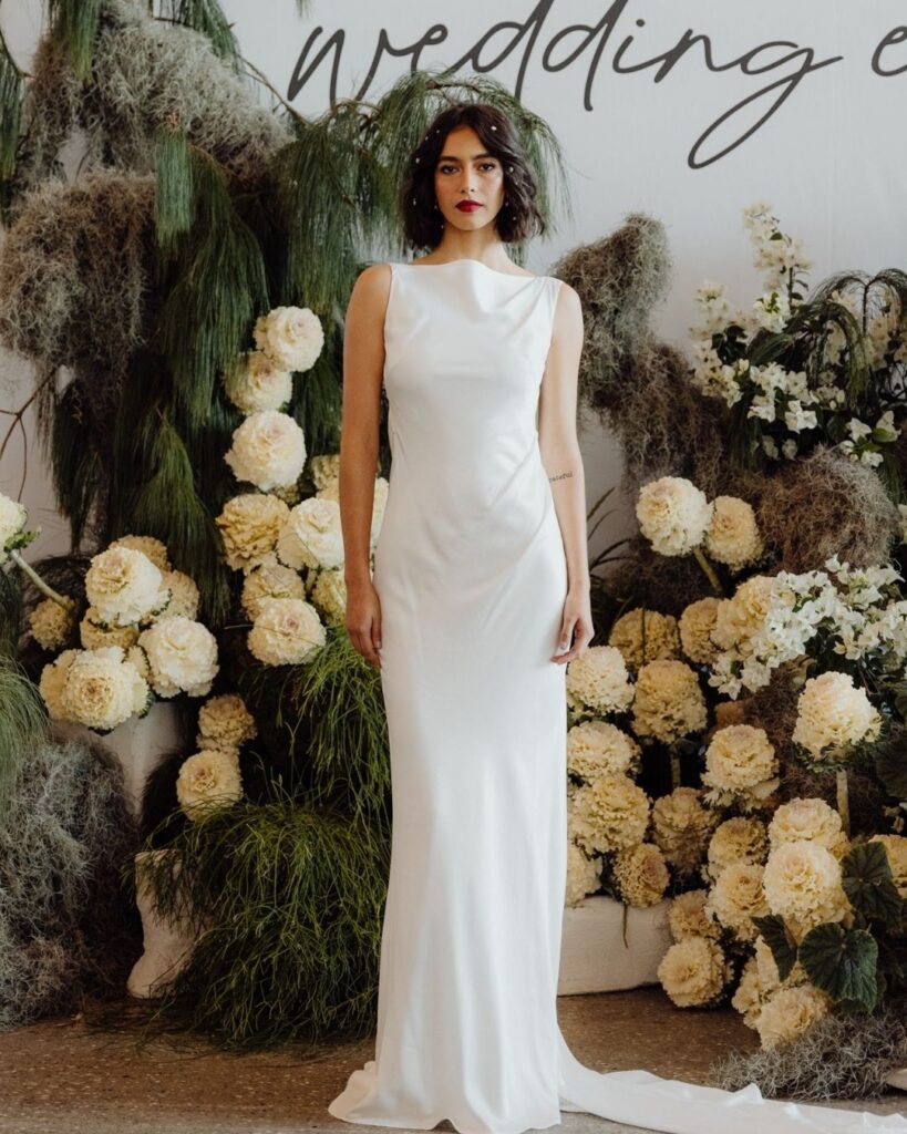 Elegant satin floor-length bridal gown showcased at the Bridal Runway Show in Sydney 2025