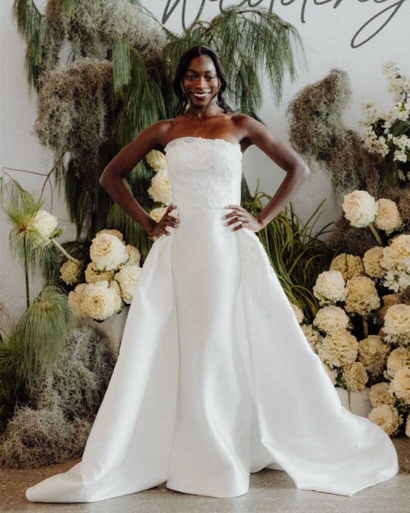 Bridal runway show in Sydney 2025 featuring a model in a lace tube top with satin long skirt