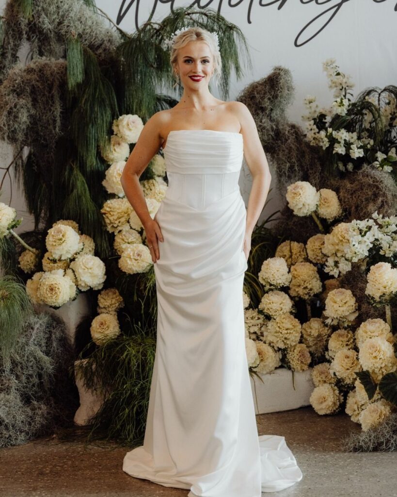 Bridal runway show in Sydney 2025 featuring a model in satin dress with tube-style bodice