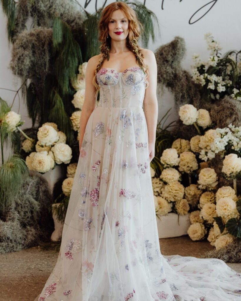 Close-up of floral chiffon pattern on tube-like dress during bridal runway show in Sydney 2025