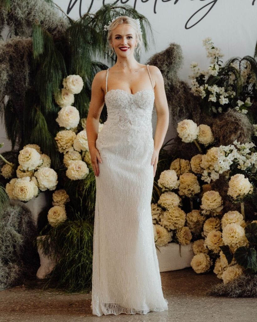 Model wearing spaghetti strap bodice dress at bridal runway show in Sydney 2025