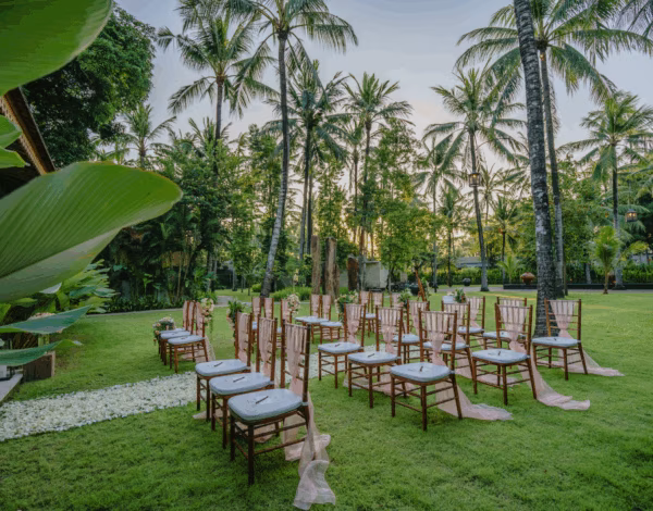 Venues Listing Category Kayumanis Jimbaran Private Estate & Spa Scenic outdoor shot of ceremony chairs arranged at Kayumanis Jimbaran Private Estate & Spa Bali Wedding Venue.