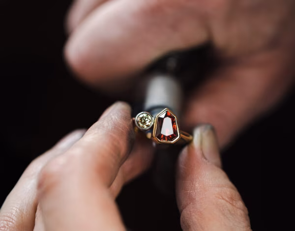 Accessories & Jewellery Listing Category Eli Speaks Jewellery Close-up of a geometric diamond engagement ring being crafted by Eli Speaks Jewellery Custom Wedding Rings Melbourne.
