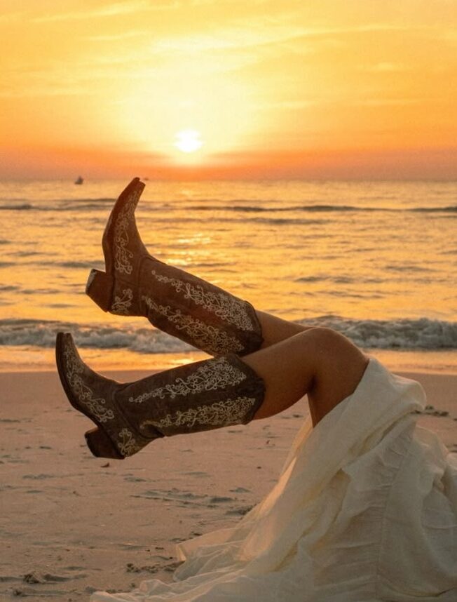 A womans legs with cowboy boots in front of a beach sunset