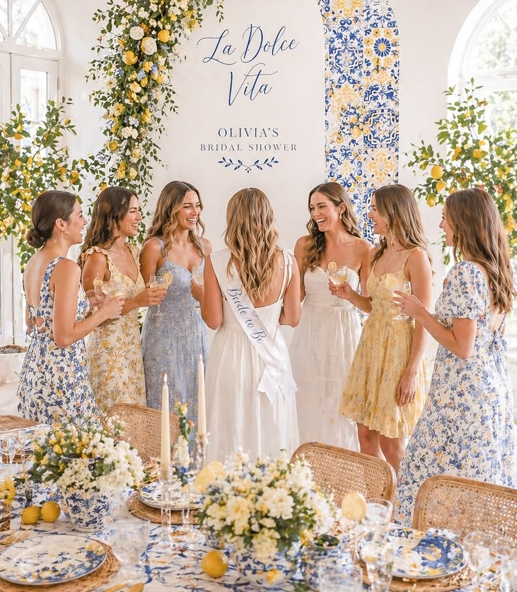 A group of women around a bride at her hens party, themed for european summer with lemons and blue accents