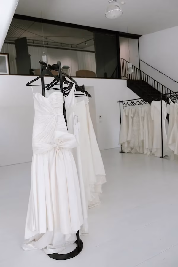 A wedding dress shop in Sydney, with white floors