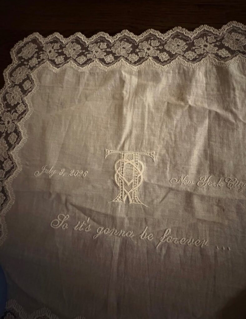 A custom embroidered wedding handkerchief allegedly from Taylor Swift's Wedding