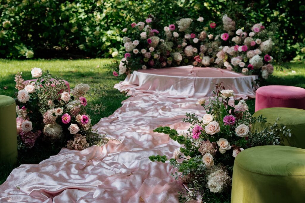 A pink themed bridal aisle at a NSW wedding