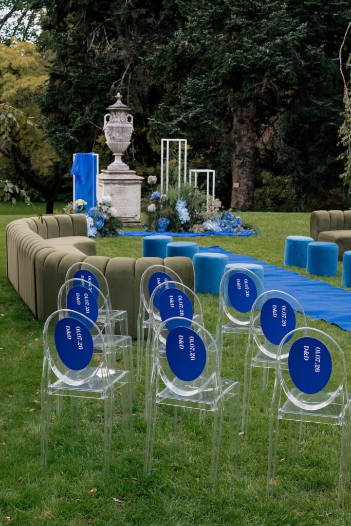 A blue themed wedding ceremony by NSW wedding hire company, SOCO