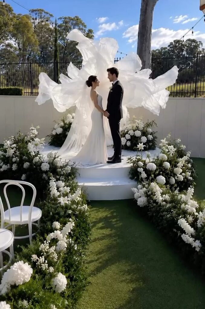 a couple in front of a 2027 floral trend of flowers as art