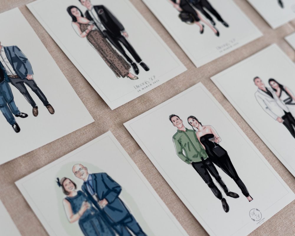 Beautiful wedding illustration of a bride and groom by a professional live wedding illustrator in Melbourne.