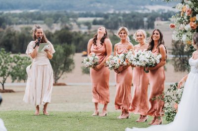 A wedding party posing with bridesmaids, smiling and looking elegant.