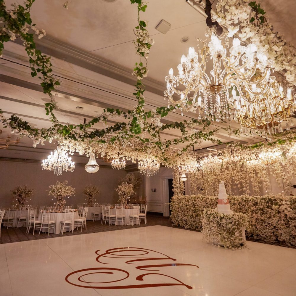 Luxurious Grand Ballroom featuring a white wrapped dancefloor at the Intercontinental Sydney Double Bay Wedding Venue.