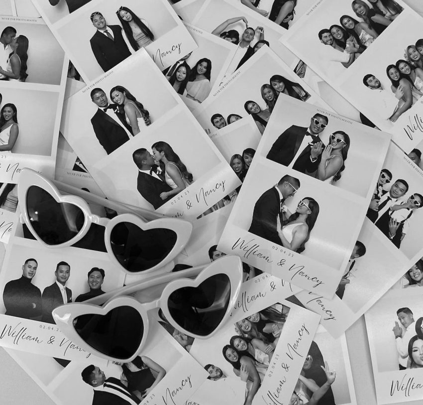 Black and white pictures of a couple surrounded by sunglasses.