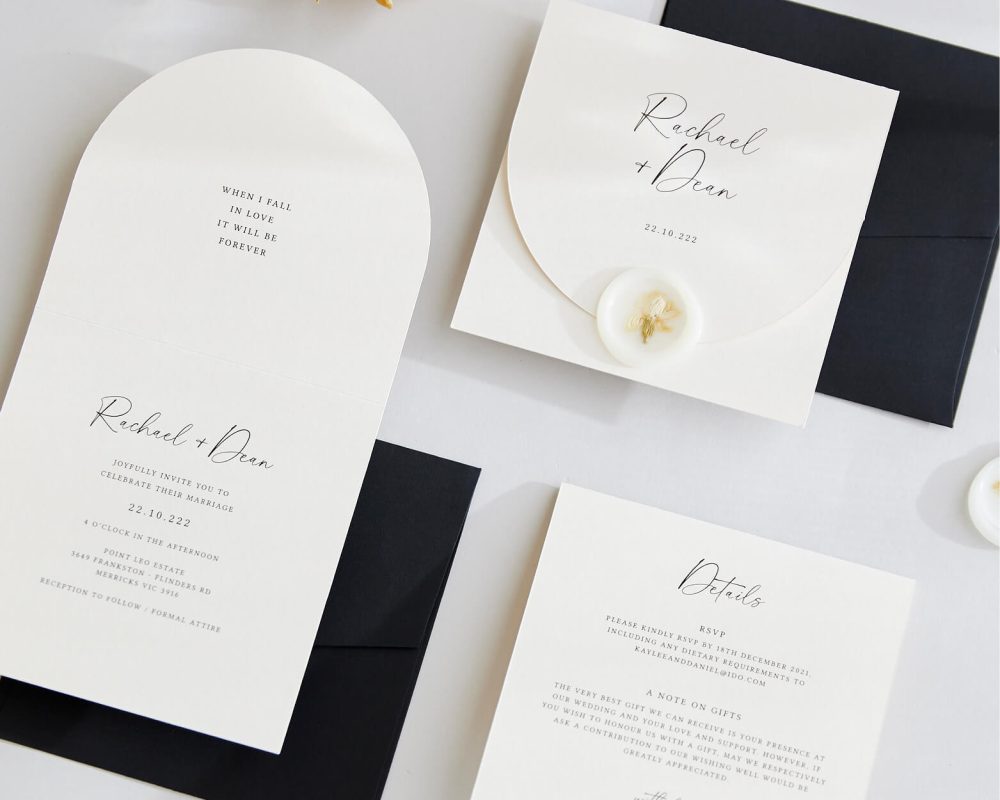 Custom-designed wedding invite with wax seal by Sea and Paper Creative Studio for elegant Australian weddings