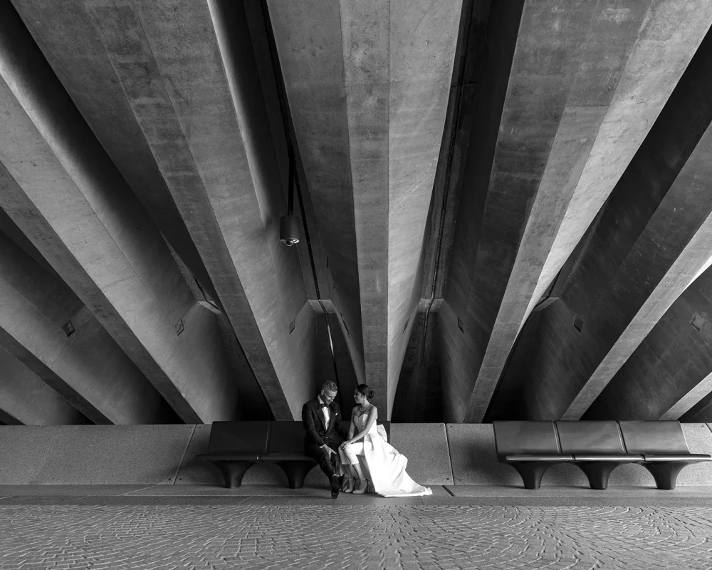 Stylised black-and-white portrait of bride and groom, captured by Sophie Granger Photography Sydney Wedding Photographer.